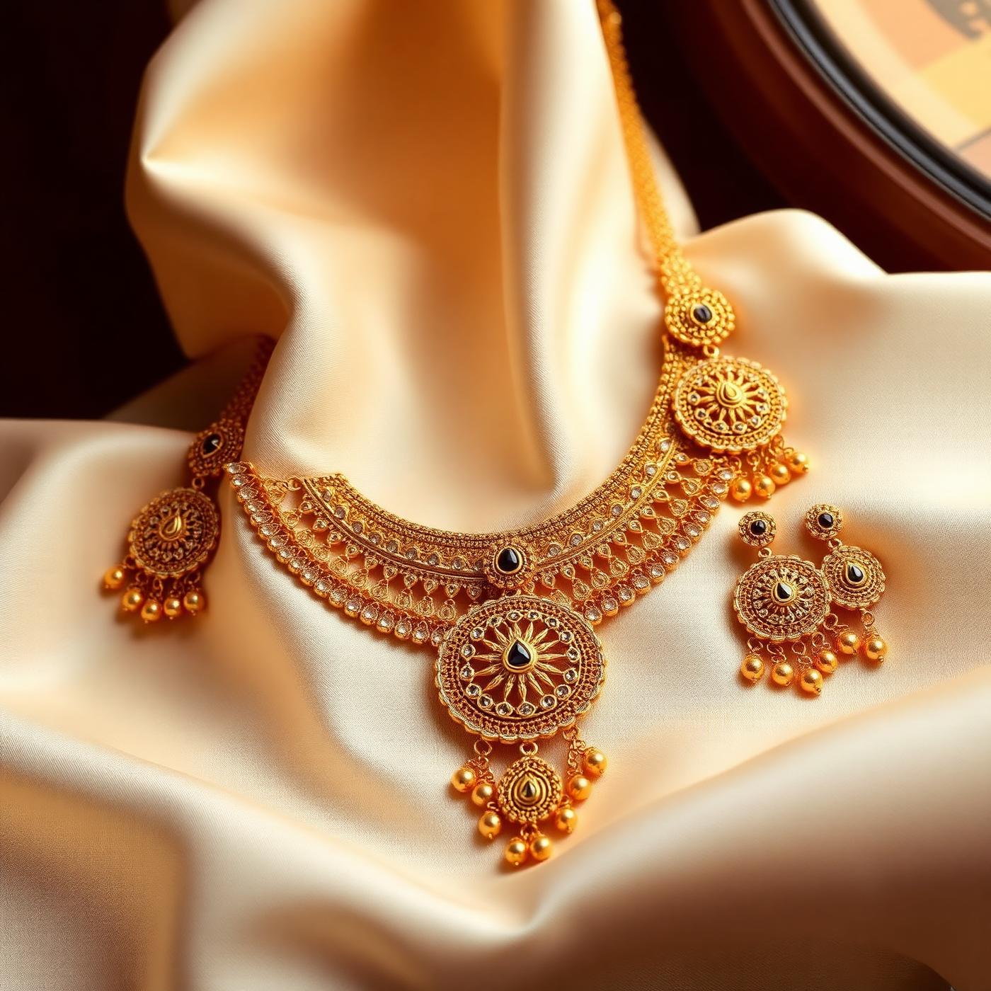 22K gold bridal jewelry set on cream silk