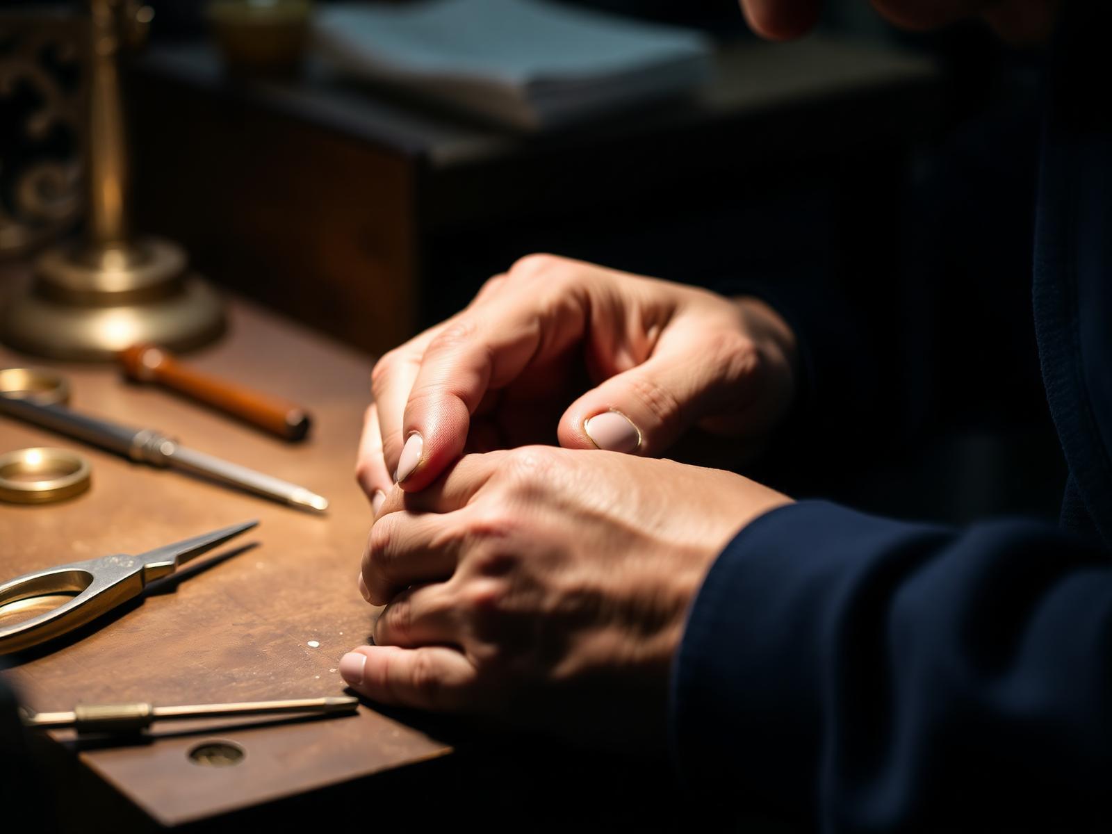 Goldsmith hands working at a Dubai jewelry workbench
